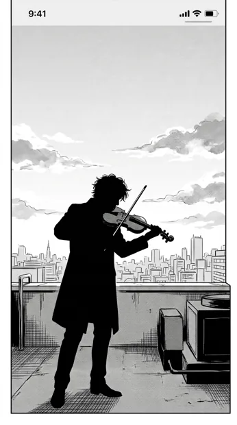 An original adult violinist seen in silhouette on a quiet rooftop at dawn, drifting clouds and fine city outlines