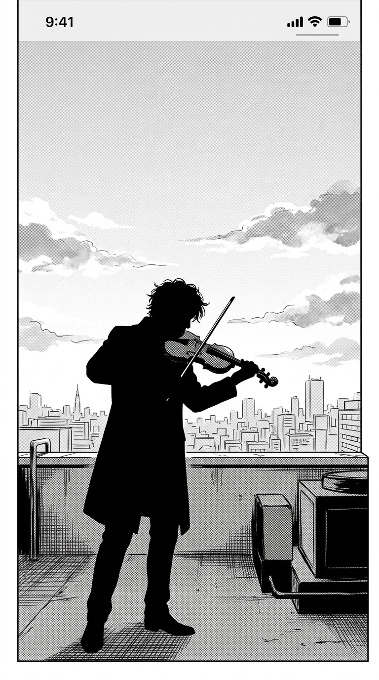 An original adult violinist seen in silhouette on a quiet rooftop at dawn, drifting clouds and fine city outlines