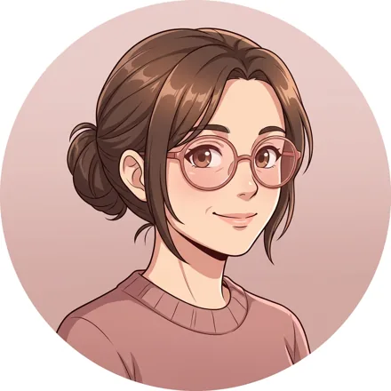 An original adult woman with brown hair tied back and translucent rose glasses, friendly expression, muted blush background