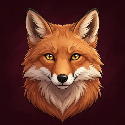 An original elegant red fox with warm copper fur and bright golden eyes, symmetrical face framing, dark burgundy background