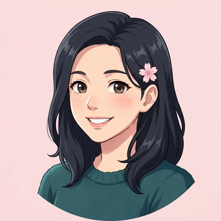 An original adult woman with dark shoulder-length hair and a small cherry-blossom hairpin, friendly smile, pale pink background