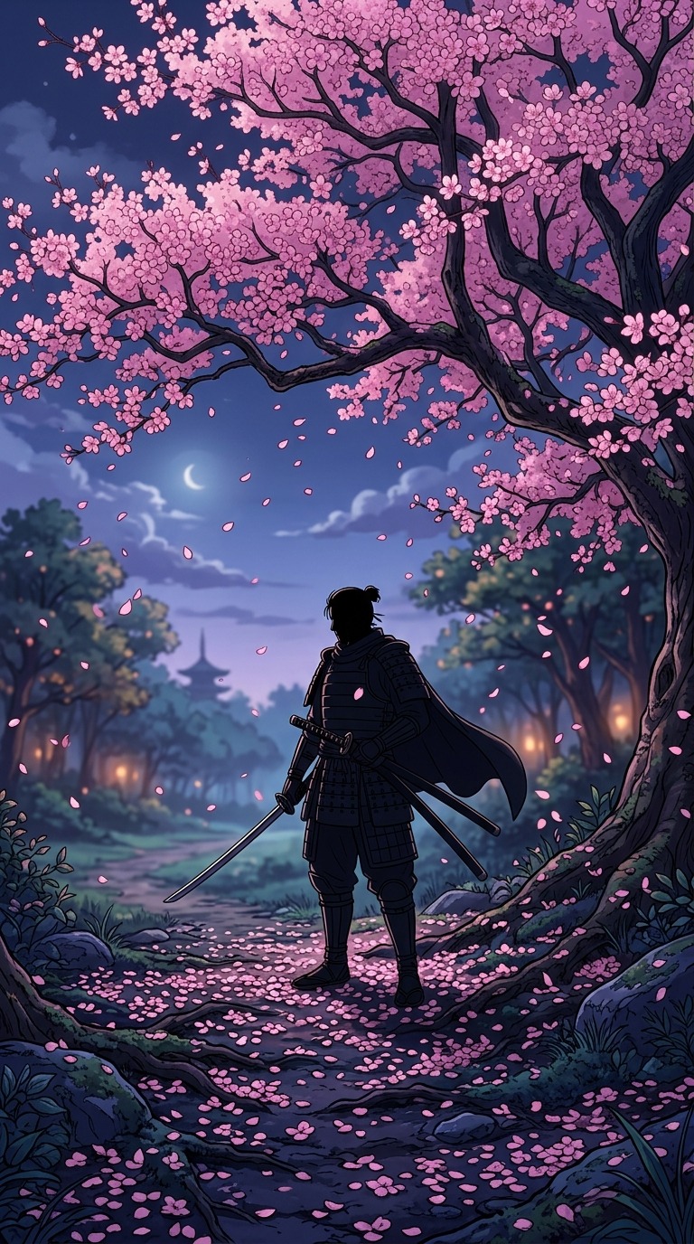 An original adult warrior in silhouette with a sheathed sword beneath a flowering cherry tree, pink petals on dark indigo ground, restrained composition