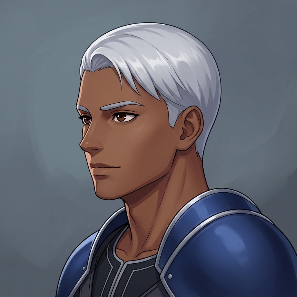 An original adult fantasy knight with dark skin and short silver hair, simple sapphire shoulder armor, calm proud expression