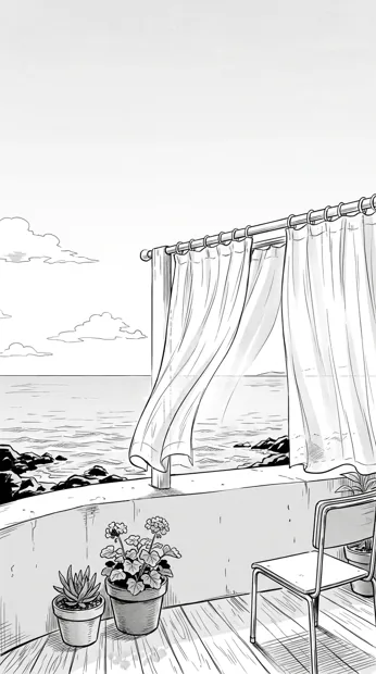 An empty coastal balcony with potted plants and curtains moving in the breeze, calm sea beyond, bright white negative space