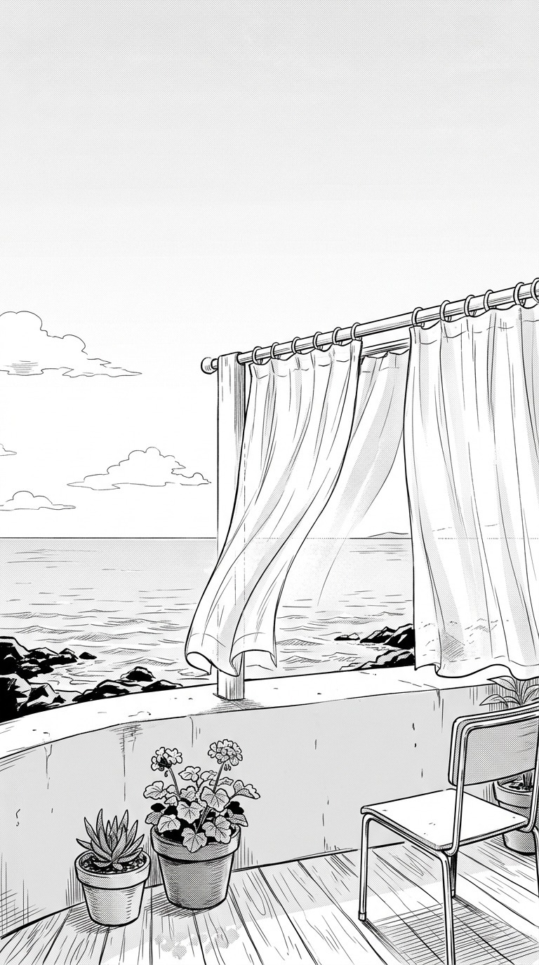 An empty coastal balcony with potted plants and curtains moving in the breeze, calm sea beyond, bright white negative space