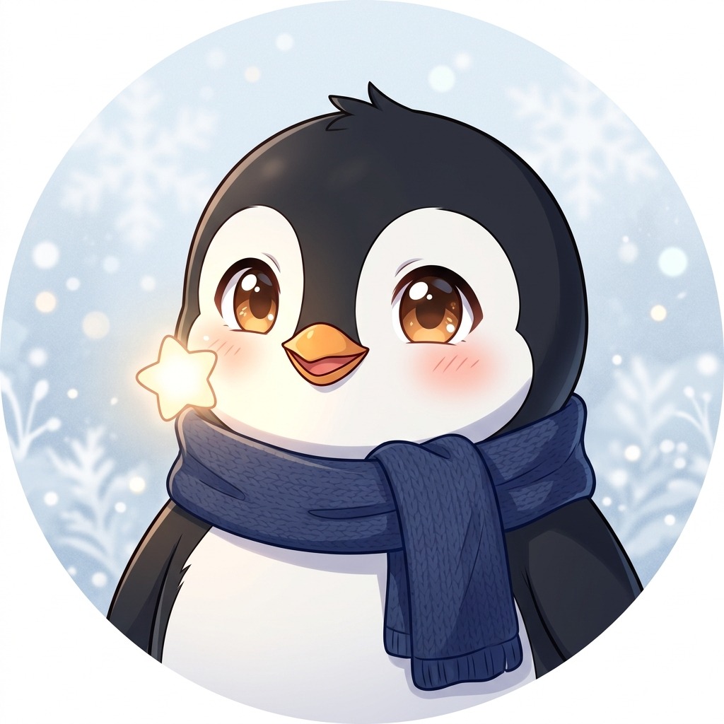 An original small cheerful penguin with a navy scarf and tiny star-shaped light beside its cheek, pale blue snowy background