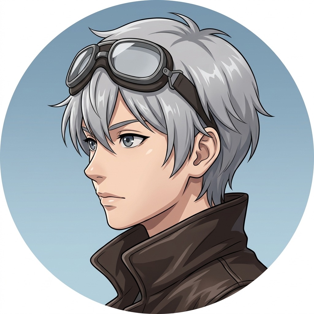An original adult character with silver-gray hair and plain aviator goggles resting on the head, brown jacket collar, muted sky-blue background