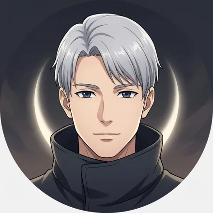 An original adult character with short silver hair and calm blue eyes, dark high-collar coat, subtle crescent-moon glow behind the head