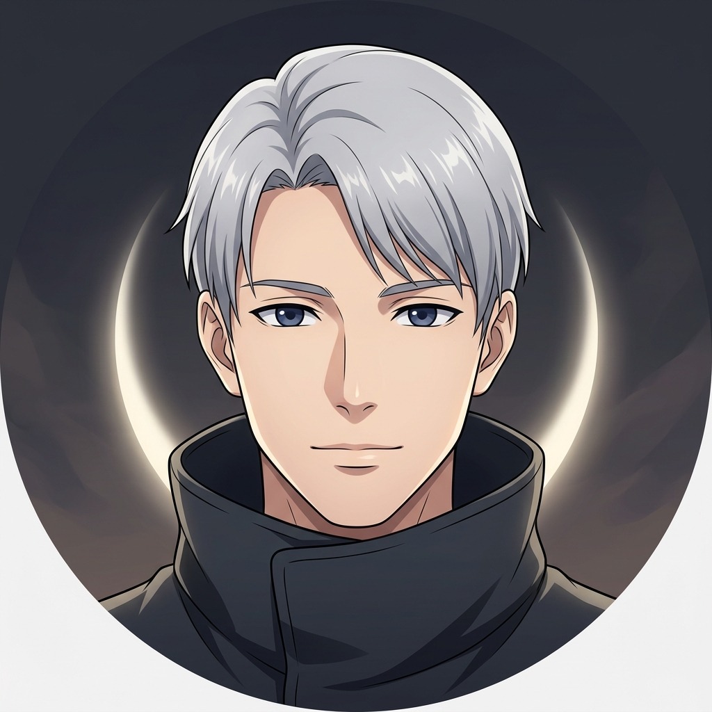 An original adult character with short silver hair and calm blue eyes, dark high-collar coat, subtle crescent-moon glow behind the head