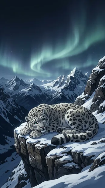 An original elegant snow leopard resting on a high mountain ledge, pale aurora overhead and snowy peaks below, detailed expressive eyes