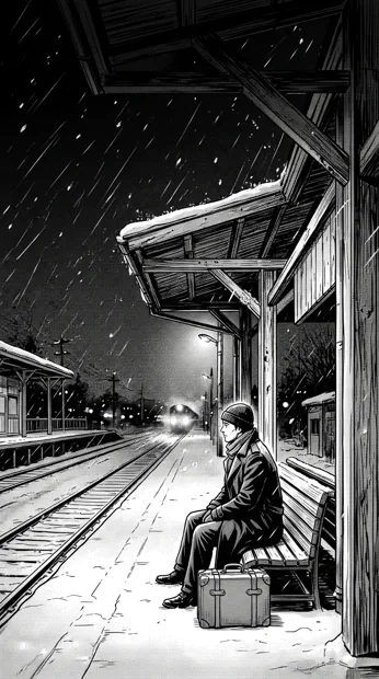 An original adult traveler waiting alone at a quiet railway platform in falling snow, small suitcase and distant train lights