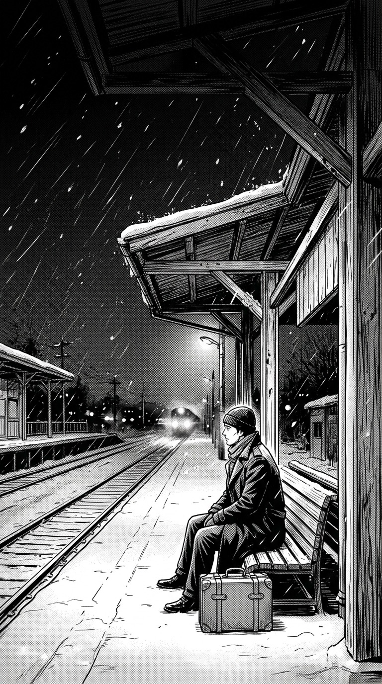 An original adult traveler waiting alone at a quiet railway platform in falling snow, small suitcase and distant train lights