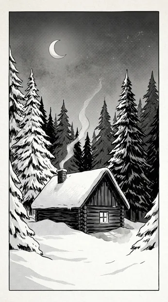 A small timber cabin surrounded by deep snow, thin chimney smoke and tall fir trees, pale moonlit sky