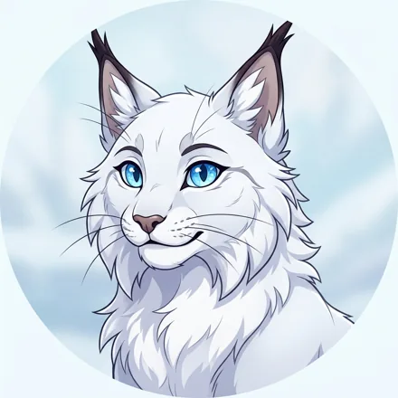 An original fluffy white lynx with dark ear tufts and crystal-blue eyes, alert friendly expression, pale icy background