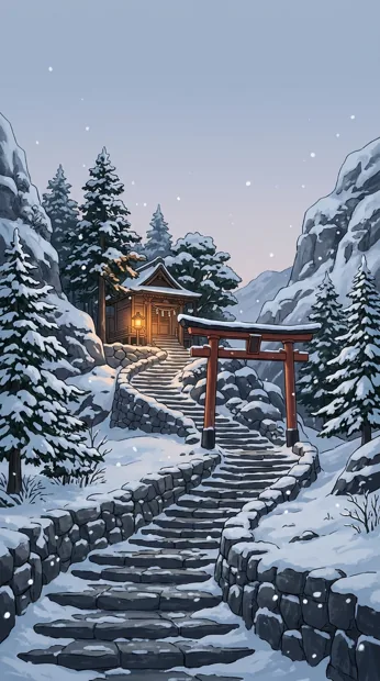 Stone steps winding to a small mountain shrine after snowfall, red gate, soft falling snow and warm lantern glow, quiet blue-white palette