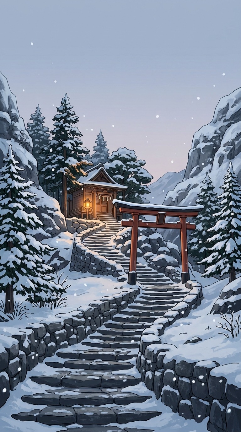 Stone steps winding to a small mountain shrine after snowfall, red gate, soft falling snow and warm lantern glow, quiet blue-white palette