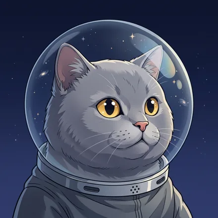 An original round-faced gray cat inside a clear small space helmet, tiny reflected stars, dark indigo background, helmet fully visible