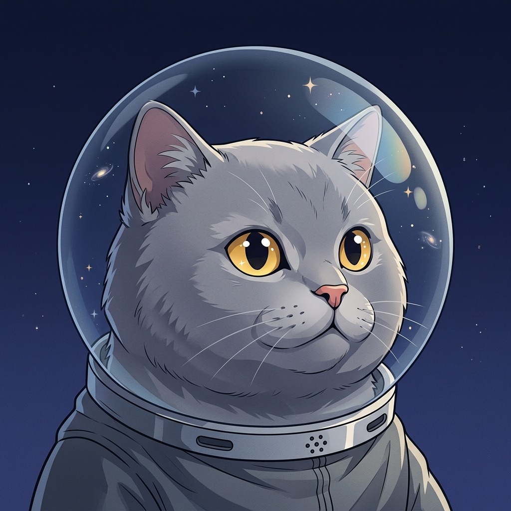 An original round-faced gray cat inside a clear small space helmet, tiny reflected stars, dark indigo background, helmet fully visible