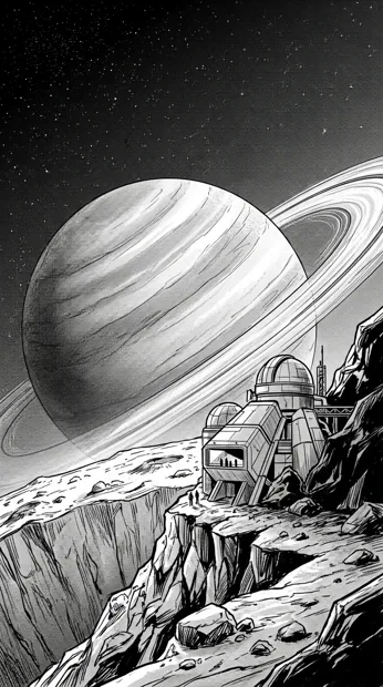 A lone observatory on a rocky moon overlooking a massive ringed planet, thin stars and original futuristic architecture