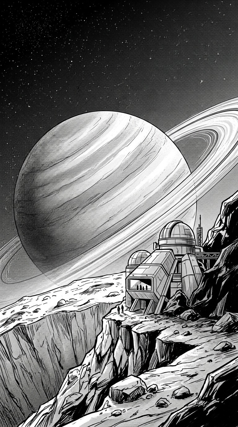 A lone observatory on a rocky moon overlooking a massive ringed planet, thin stars and original futuristic architecture