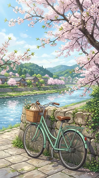A simple mint bicycle leaning against a stone riverside wall beneath cherry blossoms, sparkling water and distant village rooftops, bright spring mood
