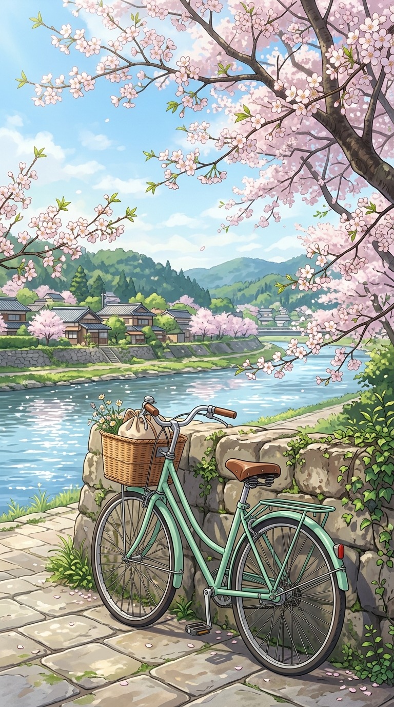 A simple mint bicycle leaning against a stone riverside wall beneath cherry blossoms, sparkling water and distant village rooftops, bright spring mood