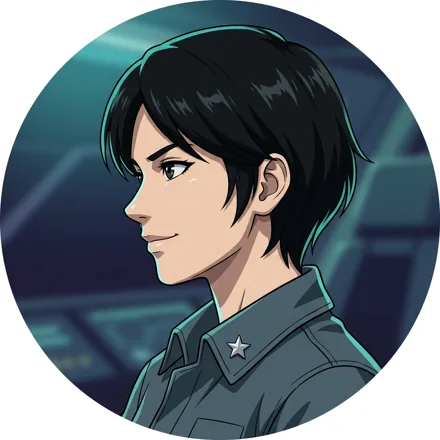 An original adult space pilot with short black hair, plain flight-jacket collar and a small star-shaped pin, teal rim lighting