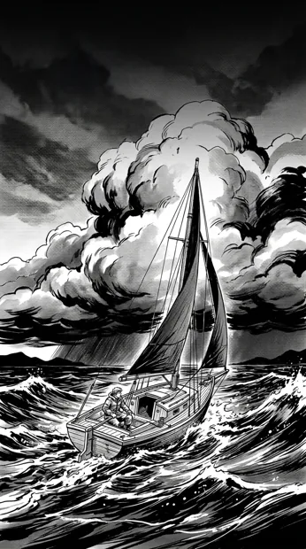 A small sturdy sailboat passing beneath towering storm clouds, dynamic waves but no wreckage, bold brush shadows and fine spray details