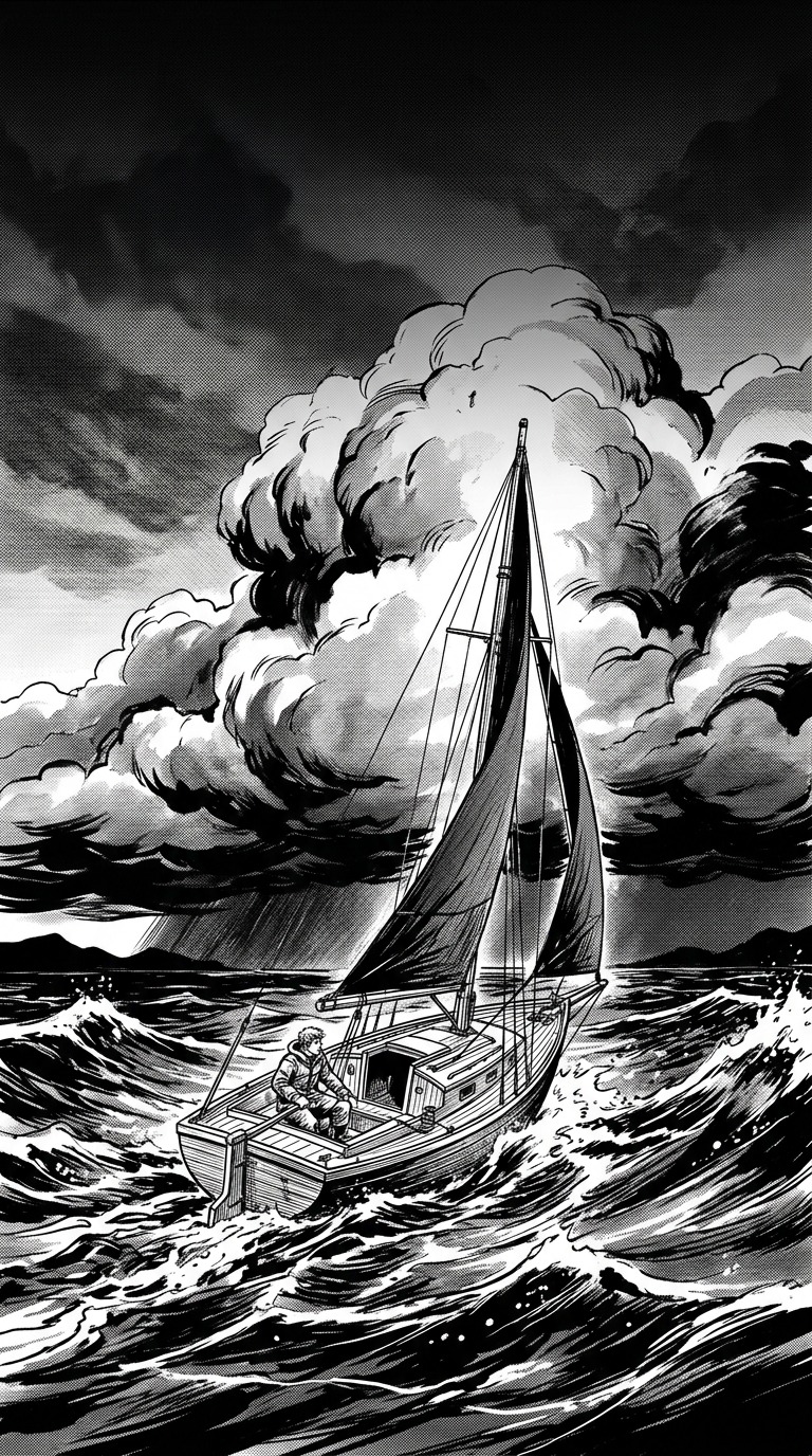 A small sturdy sailboat passing beneath towering storm clouds, dynamic waves but no wreckage, bold brush shadows and fine spray details