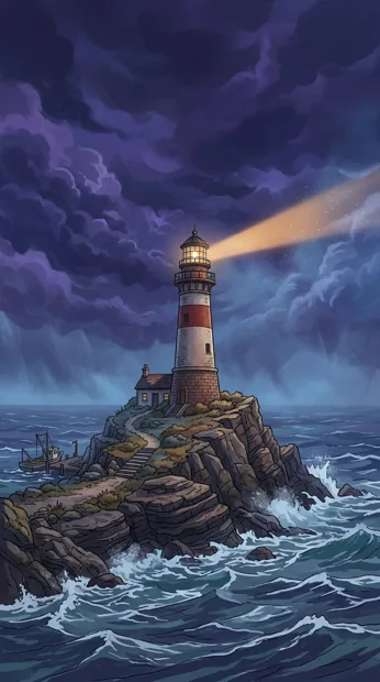 A sturdy lighthouse on a rocky island beneath dramatic purple storm clouds, one warm beam crossing the mist, no destruction