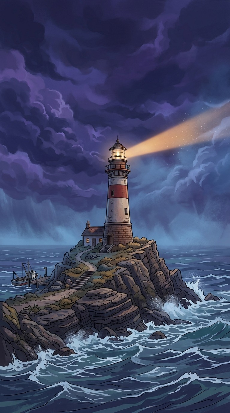 A sturdy lighthouse on a rocky island beneath dramatic purple storm clouds, one warm beam crossing the mist, no destruction