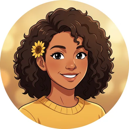 An original adult woman with warm brown skin and curly hair, a small sunflower tucked above one ear, cheerful expression, golden background