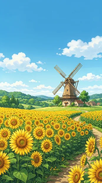 A rural windmill behind a golden sunflower field, distant hills and bright summer sky, cheerful hand-painted anime atmosphere