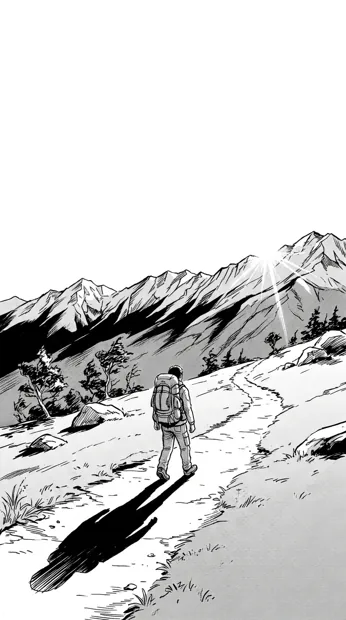 An original adult backpacker approaching a distant mountain ridge at sunrise, broad white sky and long black shadows, hopeful final composition