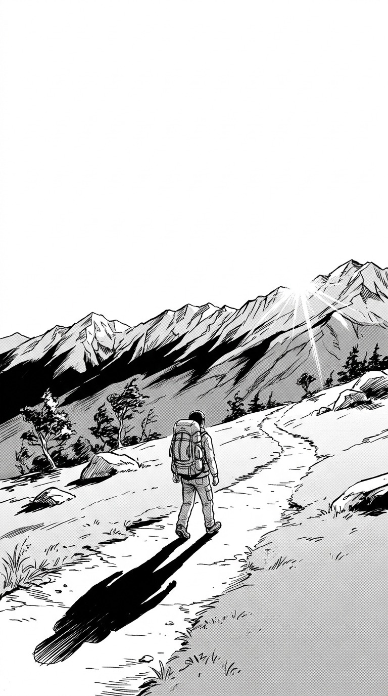 An original adult backpacker approaching a distant mountain ridge at sunrise, broad white sky and long black shadows, hopeful final composition