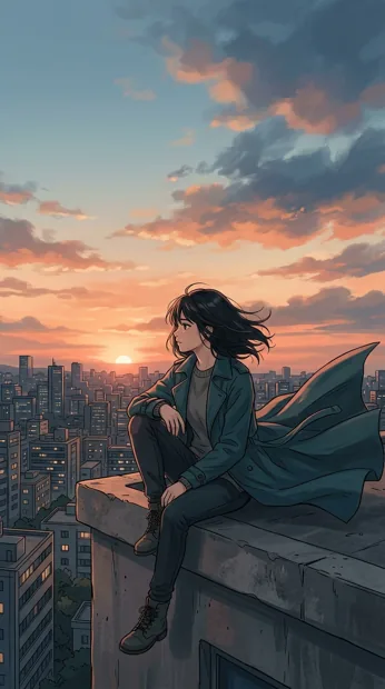 An original adult character sitting on a rooftop edge overlooking a peaceful city, windblown coat, coral sunset clouds, reflective mood