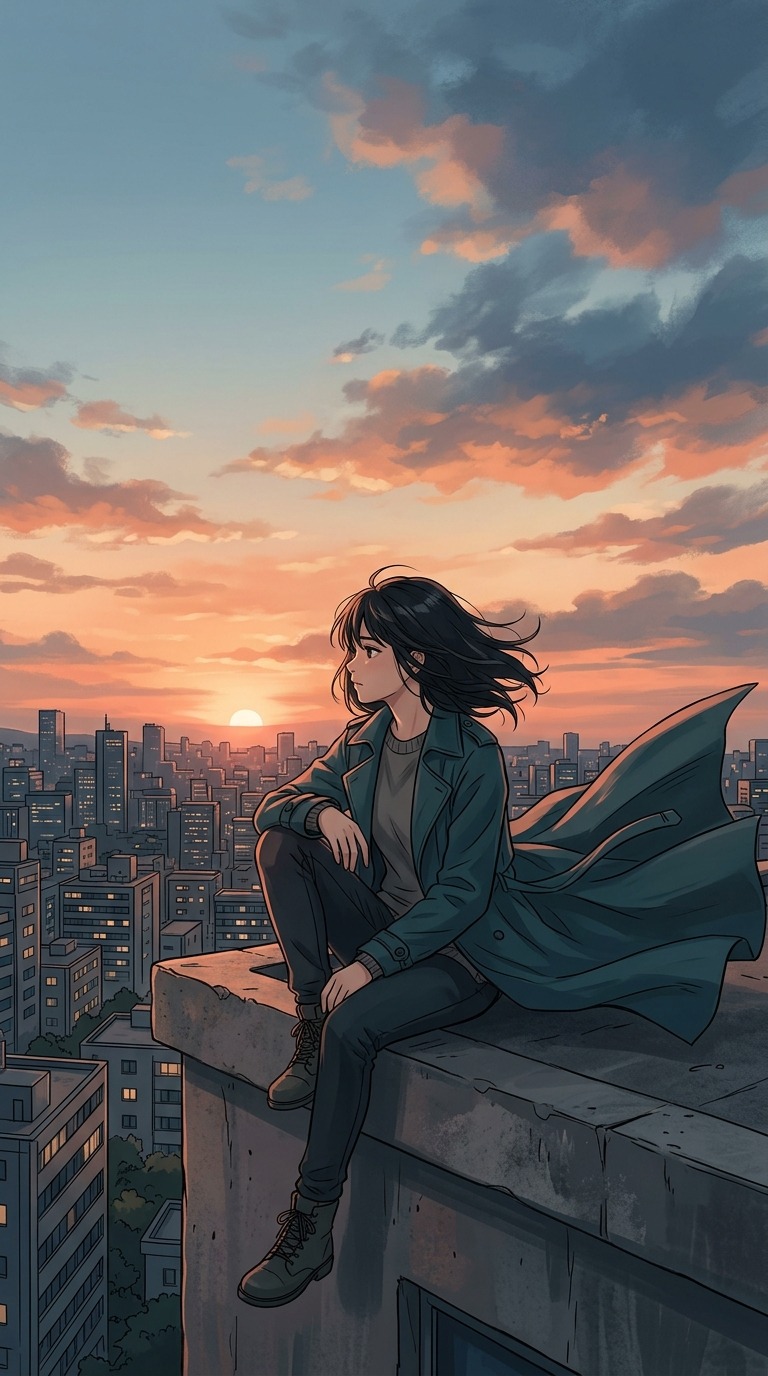 An original adult character sitting on a rooftop edge overlooking a peaceful city, windblown coat, coral sunset clouds, reflective mood