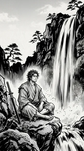An original adult swordsman resting beside a waterfall with the sword safely sheathed, loose robe, strong vertical water strokes