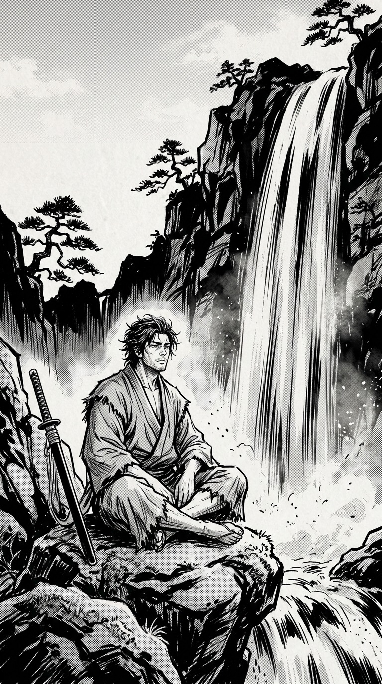 An original adult swordsman resting beside a waterfall with the sword safely sheathed, loose robe, strong vertical water strokes
