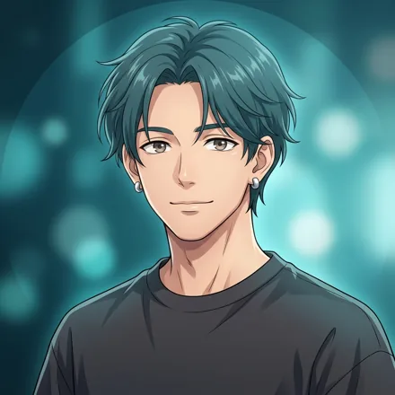 An original adult character with short teal hair, simple silver ear studs and a dark shirt, relaxed expression, blurred teal light
