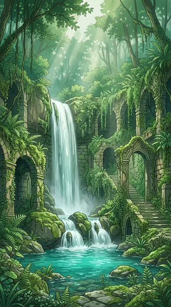 A hidden waterfall cascading between overgrown ruins, turquoise pool and delicate ferns, diffused sunbeams and peaceful fantasy setting