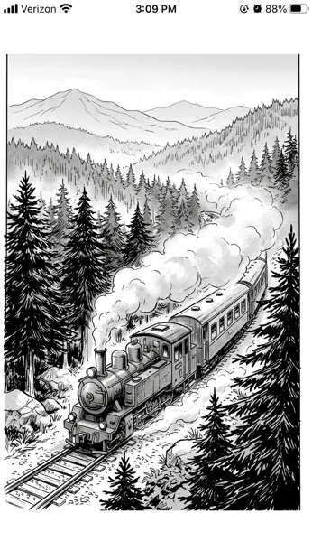 A small countryside train passing through dense pine forest and drifting steam, strong diagonal composition, delicate distant mountains