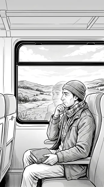 An original adult traveler reflected faintly in a train window, rolling hills beyond and softly inked empty seats, thoughtful mood