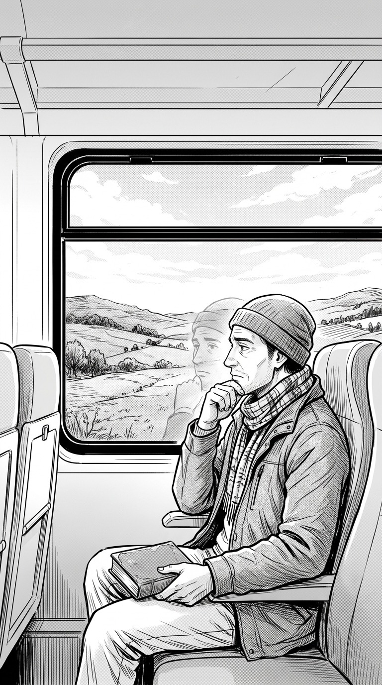 An original adult traveler reflected faintly in a train window, rolling hills beyond and softly inked empty seats, thoughtful mood