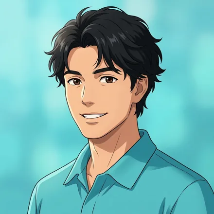 An original adult man with short wavy black hair and a turquoise shirt collar, relaxed smile, soft aqua background