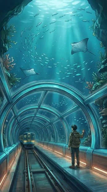 A transparent railway tunnel beneath a luminous ocean, harmless fish and rays swimming overhead, blue-green light and dreamy depth