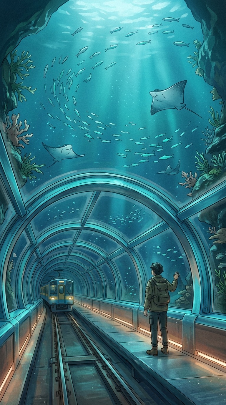 A transparent railway tunnel beneath a luminous ocean, harmless fish and rays swimming overhead, blue-green light and dreamy depth