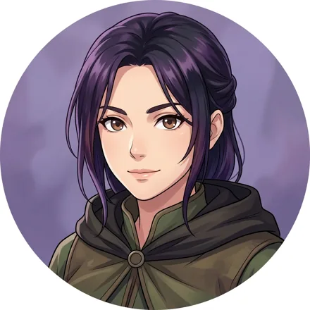 An original adult fantasy ranger with purple-black hair and a simple forest cloak, kind focused eyes, muted violet background