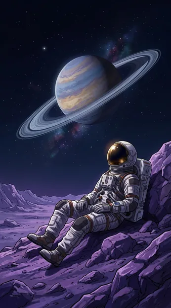 An original adult astronaut resting on a violet moon ridge, immense ringed planet overhead, distant stars and reflective helmet without visible logos