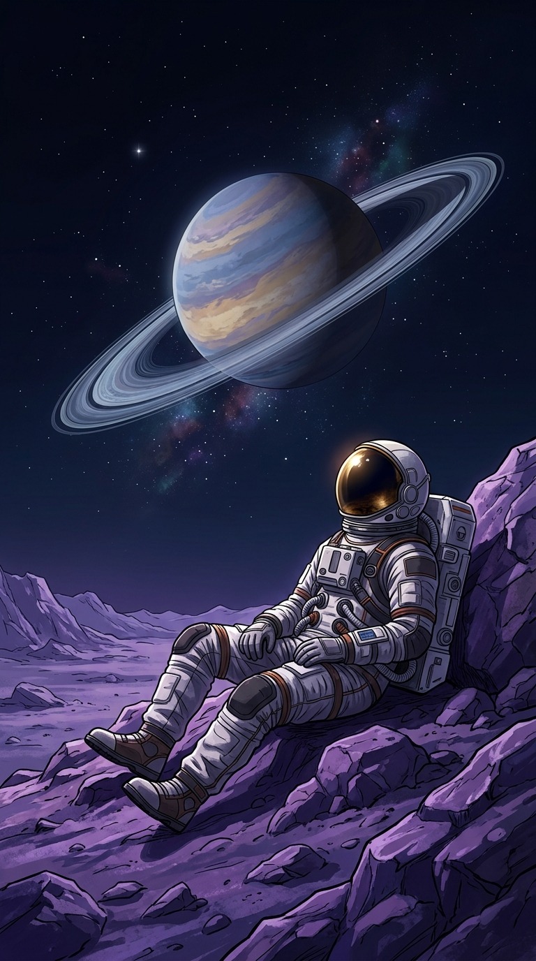 An original adult astronaut resting on a violet moon ridge, immense ringed planet overhead, distant stars and reflective helmet without visible logos